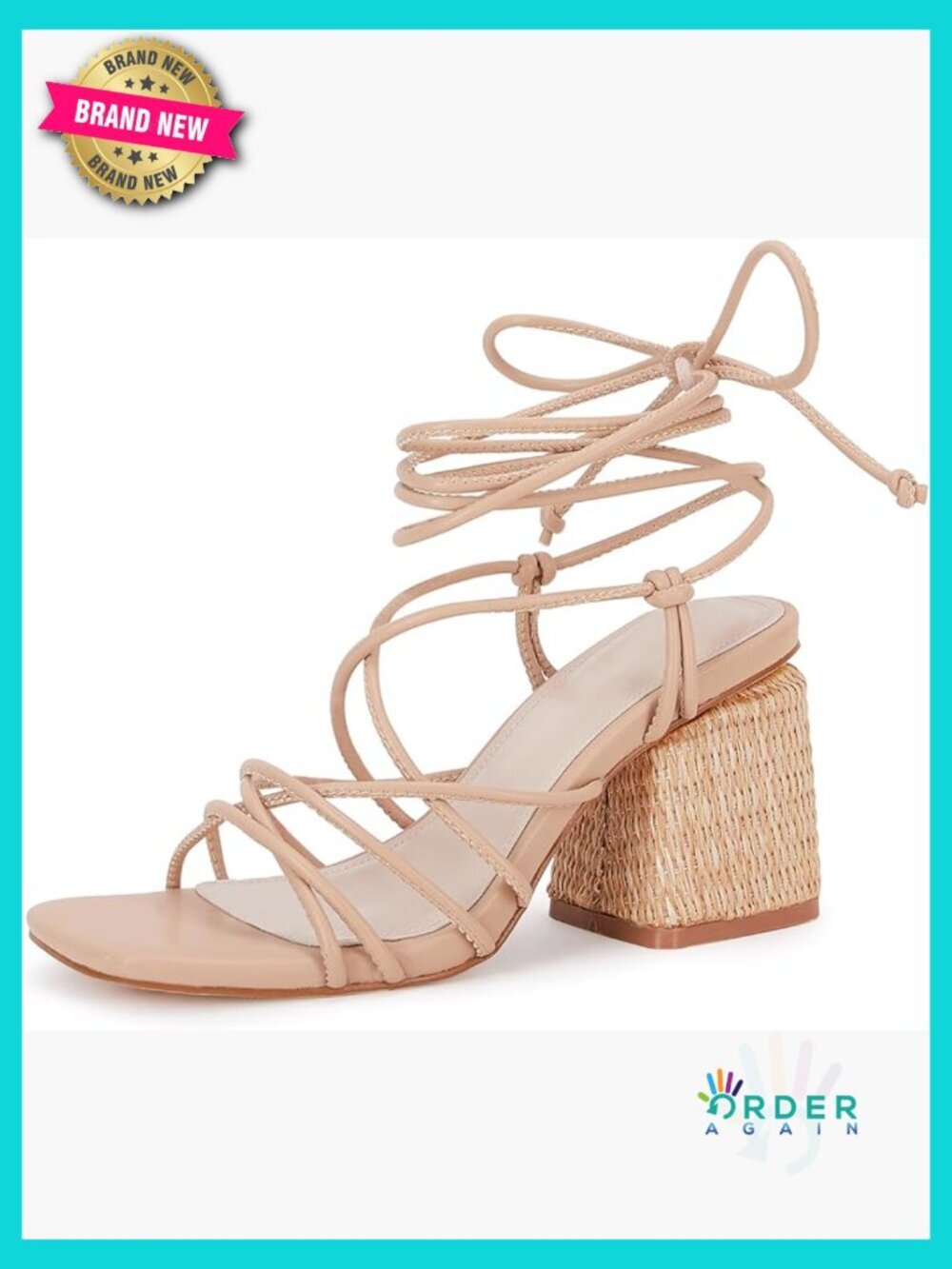 Women's Lace Up Chunky Braided Heel Sandals Square Toe Strappy Ankle Strap Heels